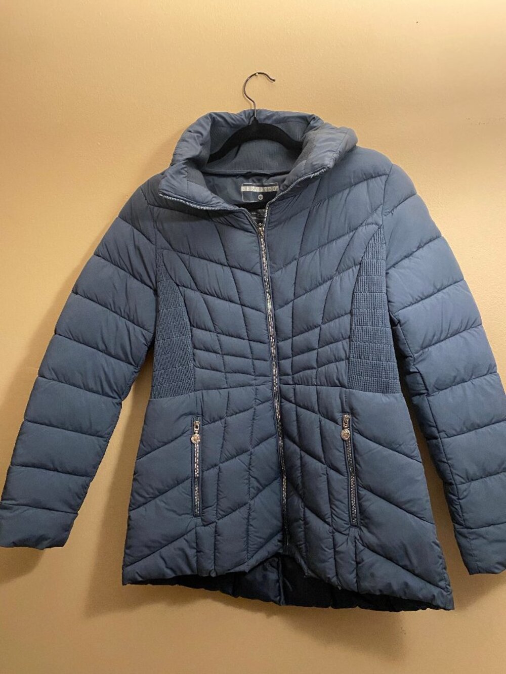 Bernardo EcoPlume Quilted Puffer Coat Jacket Ribbed Stretch - Dark Navy Blue